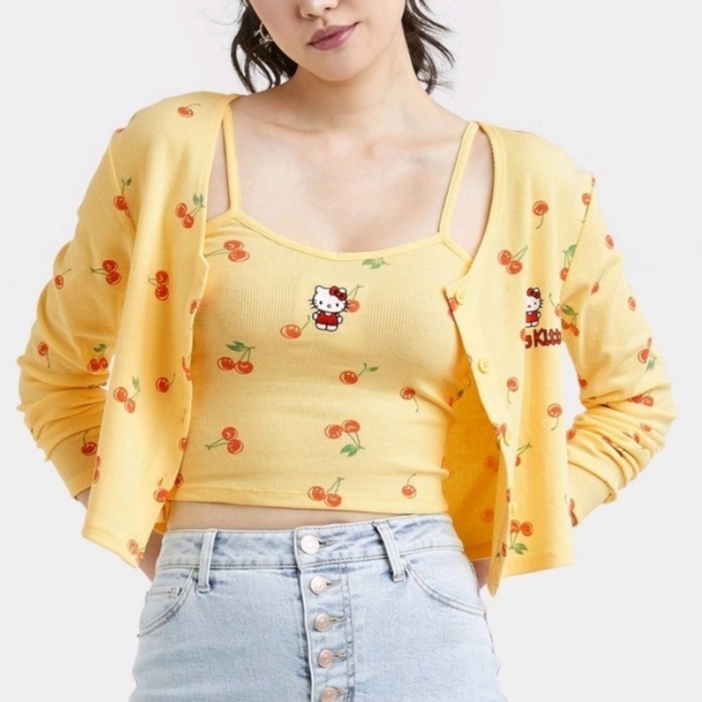 Hello Kitty Cardigan Sz M Yellow Ribbed Baby Doll Cropped Long Sleeve Button up